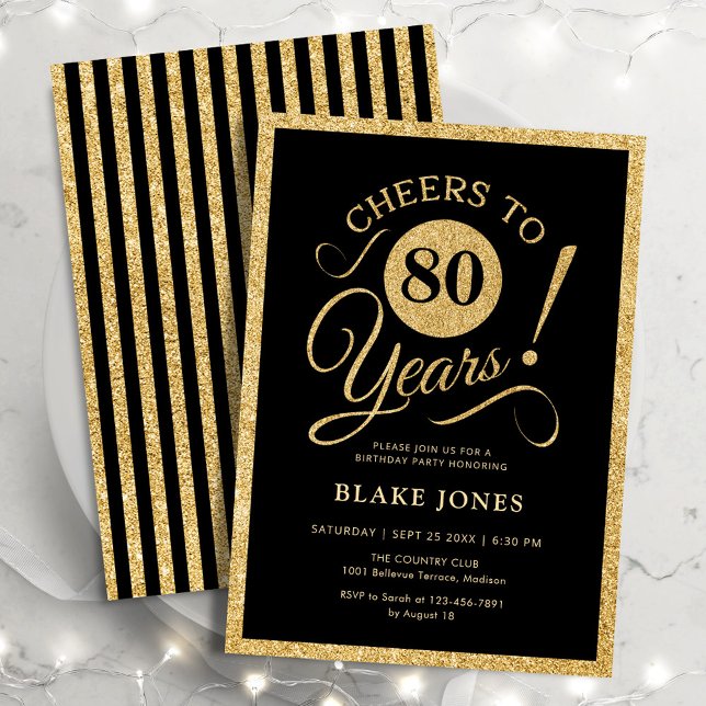 Elegant Black Gold 80th Birthday Invitation (Creator Uploaded)
