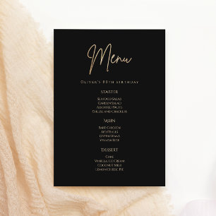 Elegant Black Gold 80th Birthday Party Menu Card