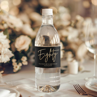 Elegant Black Gold 80th Birthday Party Water Bottle Label