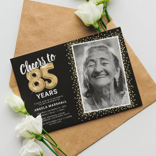 Elegant Black Gold 85 Years Birthday Photo Invitation