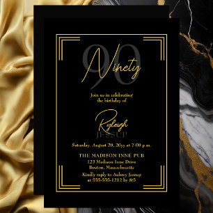 Elegant Black Gold 90th Birthday Art Deco Party Invitation