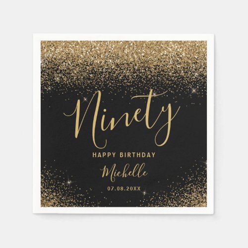 Elegant Black Gold 90th Birthday Glitter Name Napkins