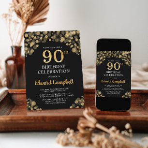 Elegant Black & Gold 90th Birthday Invitation