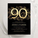 Elegant Black Gold 90th Birthday Invitation<br><div class="desc">Elegant black gold  90th birthday party invitation. Customizable modern feminine design featuring roses botanical accents and faux glitter gold. Simple floral invite card perfect for a stylish female bday celebration. Personalize with your own details. Printed Zazzle invitations or instant download digital printable template.</div>
