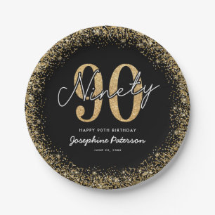 Elegant Black Gold 90th Birthday Paper Plates