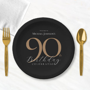 Elegant Black Gold 90th Birthday Party Paper Plates