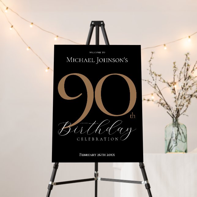 Elegant Black Gold 90th Birthday Welcome Sign (In Situ (Stand))