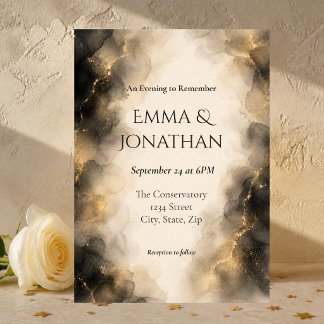 Elegant Black & Gold Abstract Watercolor Wedding Invitation