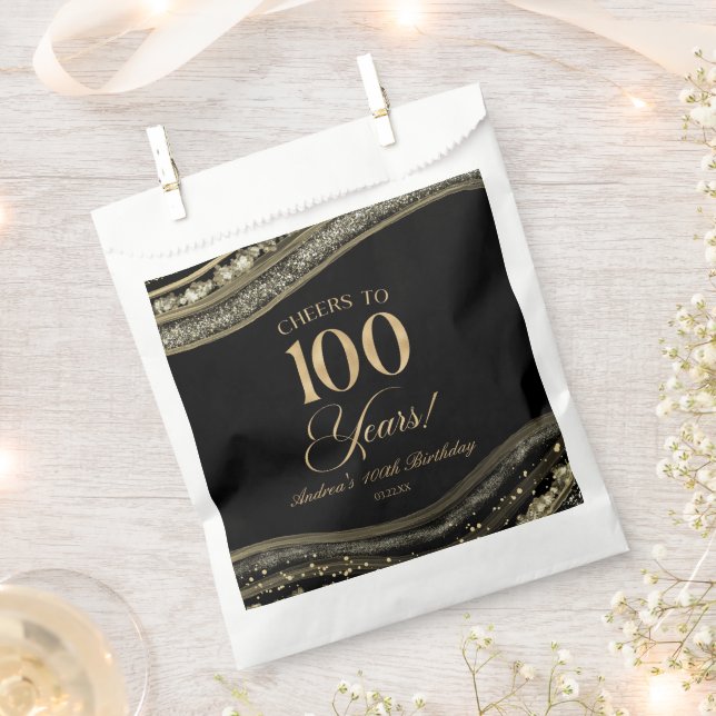 Elegant Black Gold Agate 100th Birthday Party Favor Bag (Clipped)