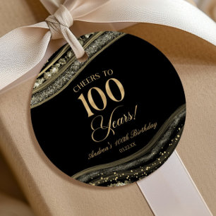 Elegant Black Gold Agate 100th Birthday Party Favor Tags