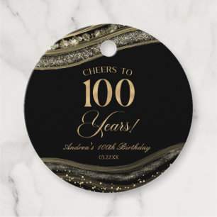 Elegant Black Gold Agate 100th Birthday Party Favor Tags