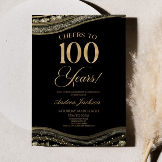 Elegant Black Gold Agate 100th Birthday Party Invitation (Creator Uploaded)
