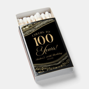 Elegant Black Gold Agate 100th Birthday Party Matchboxes