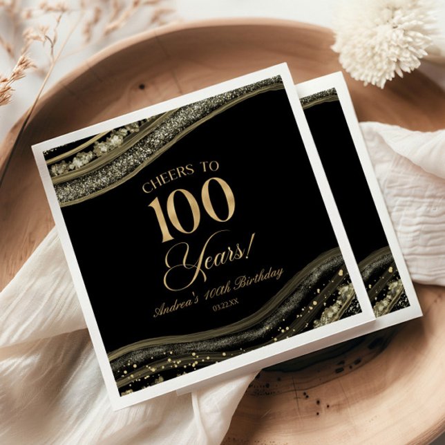 Elegant Black Gold Agate 100th Birthday Party Napkins (Creator Uploaded)