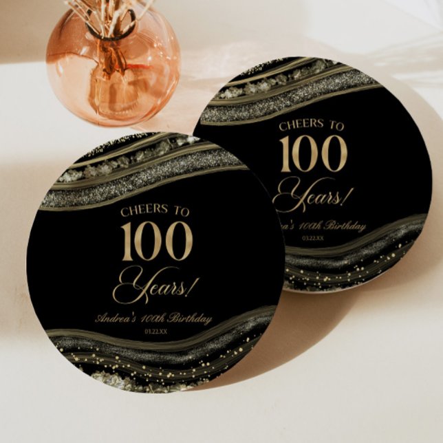 Elegant Black Gold Agate 100th Birthday Party Paper Plates (Creator Uploaded)