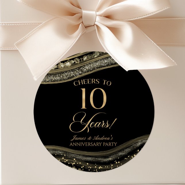 Elegant Black Gold Agate 10th Anniversary Party Classic Round Sticker (Creator Uploaded)