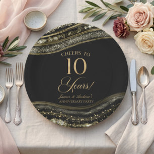 Elegant Black Gold Agate 10th Anniversary Party Paper Plates