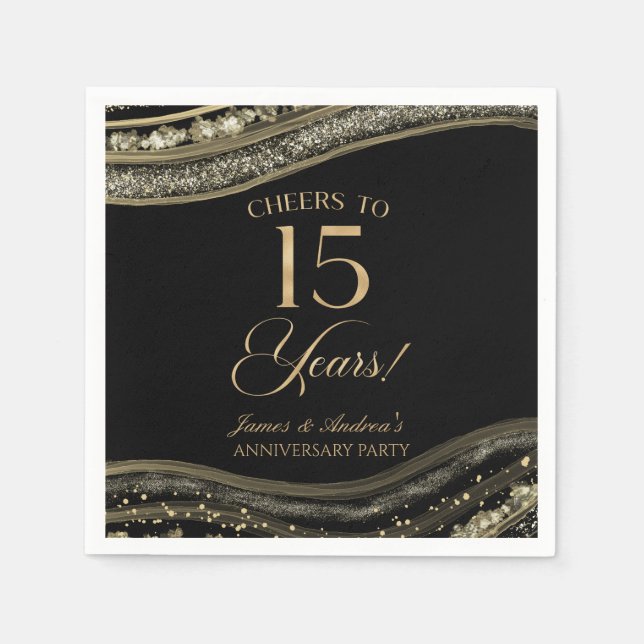 Elegant Black Gold Agate 15th Anniversary Party Napkins (Front)