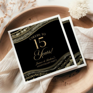 Elegant Black Gold Agate 15th Anniversary Party Napkins