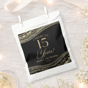 Elegant Black Gold Agate 15th Birthday Party Favor Bag
