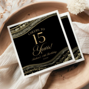 Elegant Black Gold Agate 15th Birthday Party Napkins