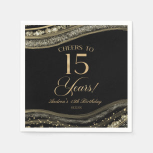 Elegant Black Gold Agate 15th Birthday Party Napkins