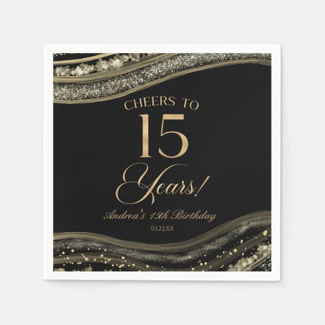 Elegant Black Gold Agate 15th Birthday Party Napkins (Front)