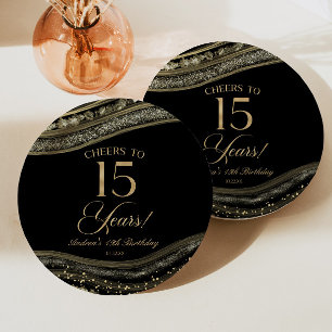 Elegant Black Gold Agate 15th Birthday Party Paper Plates