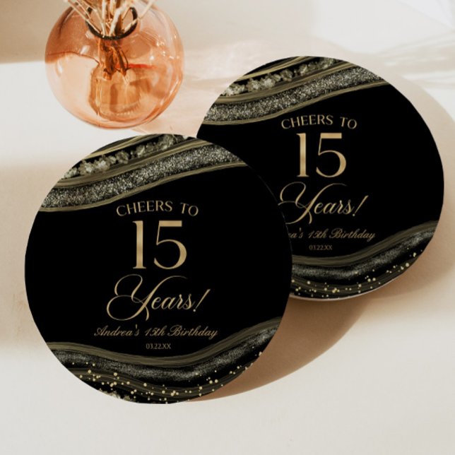 Elegant Black Gold Agate 15th Birthday Party Paper Plates (Creator Uploaded)