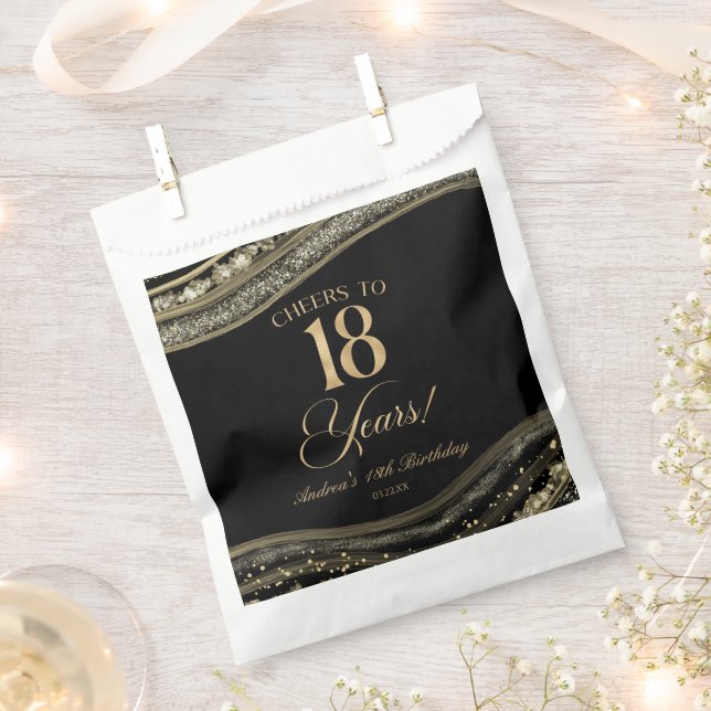 Elegant Black Gold Agate 18th Birthday Party Favor Bag (Clipped)