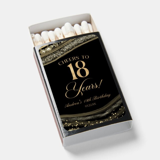 Elegant Black Gold Agate 18th Birthday Party Matchboxes (Front Open)