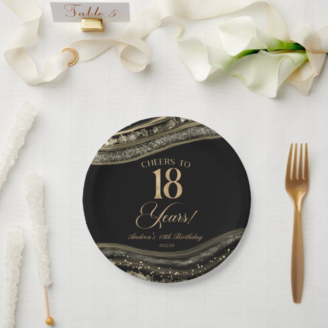 Elegant Black Gold Agate 18th Birthday Party Paper Plates (Wedding)