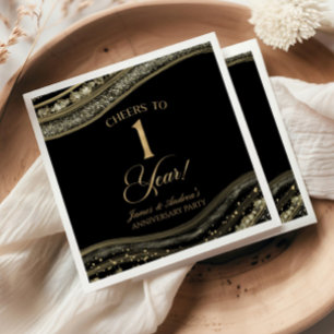 Elegant Black Gold Agate 1st Anniversary Party Napkins