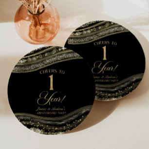 Elegant Black Gold Agate 1st Anniversary Party Paper Plates