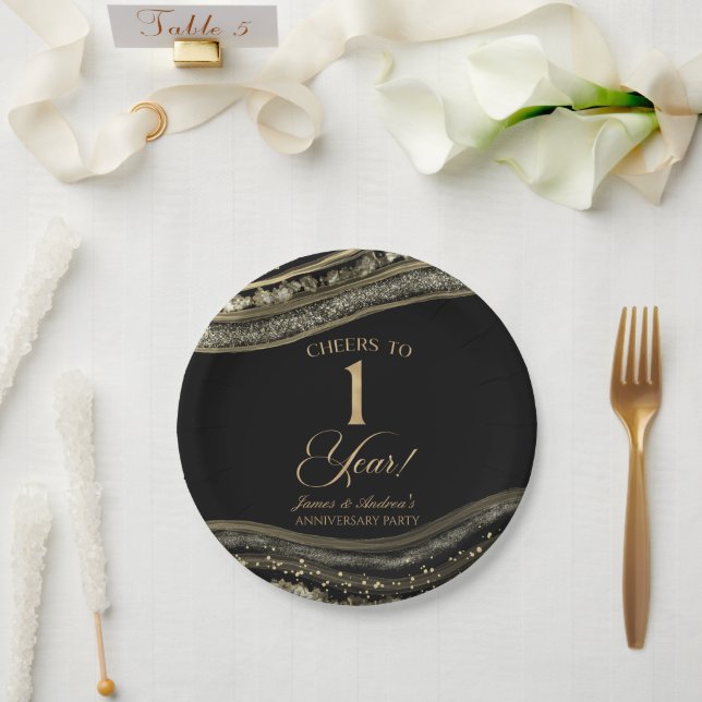 Elegant Black Gold Agate 1st Anniversary Party Paper Plates (Wedding)