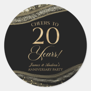 Elegant Black Gold Agate 20th Anniversary Party Classic Round Sticker