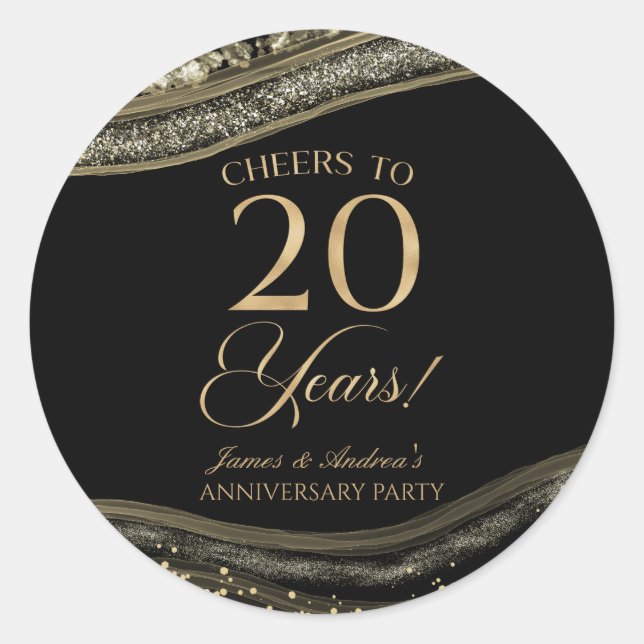 Elegant Black Gold Agate 20th Anniversary Party Classic Round Sticker (Front)