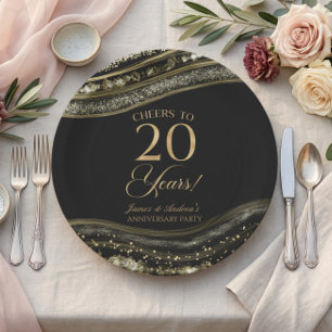 Elegant Black Gold Agate 20th Anniversary Party Paper Plates