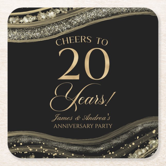 Elegant Black Gold Agate 20th Anniversary Party Square Paper Coaster (Front)