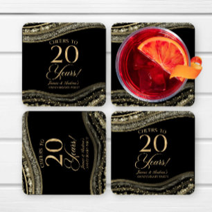 Elegant Black Gold Agate 20th Anniversary Party Square Paper Coaster