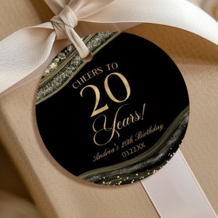 Elegant Black Gold Agate 20th Birthday Party Favor Tags