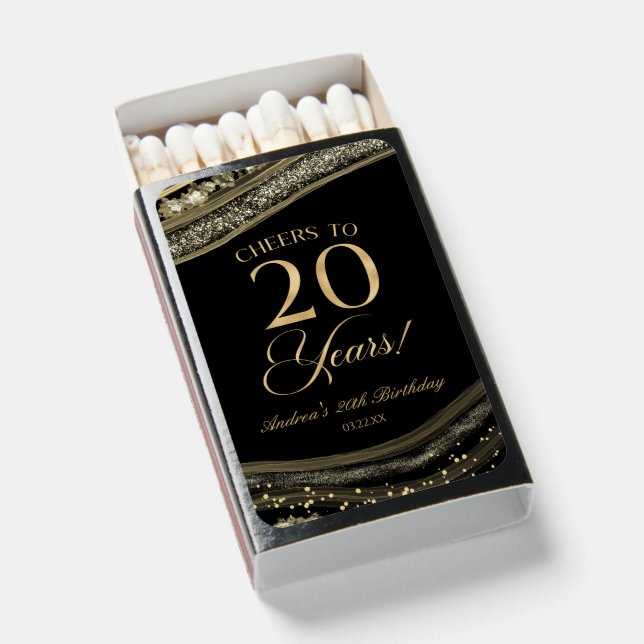 Elegant Black Gold Agate 20th Birthday Party Matchboxes (Front Open)