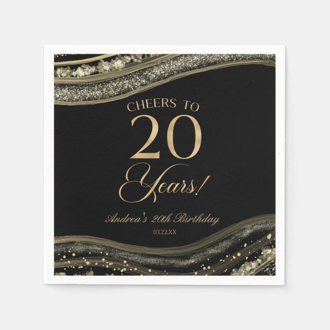Elegant Black Gold Agate 20th Birthday Party Napkins (Front)