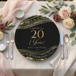 Elegant Black Gold Agate 20th Birthday Party Paper Plates