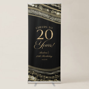 Elegant Black Gold Agate 20th Birthday Party Retractable Banner