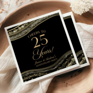Elegant Black Gold Agate 25th Anniversary Party Napkins