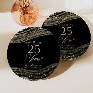 Elegant Black Gold Agate 25th Anniversary Party Paper Plates