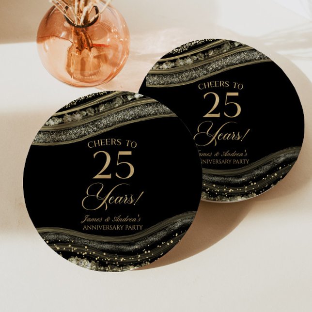 Elegant Black Gold Agate 25th Anniversary Party Paper Plates (Creator Uploaded)