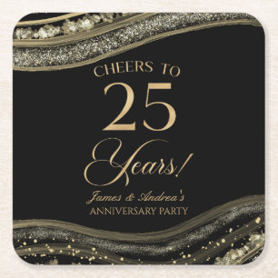 Elegant Black Gold Agate 25th Anniversary Party Square Paper Coaster