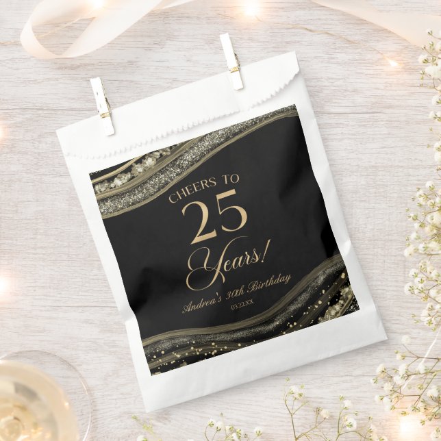 Elegant Black Gold Agate 25th Birthday Party Favor Bag (Clipped)